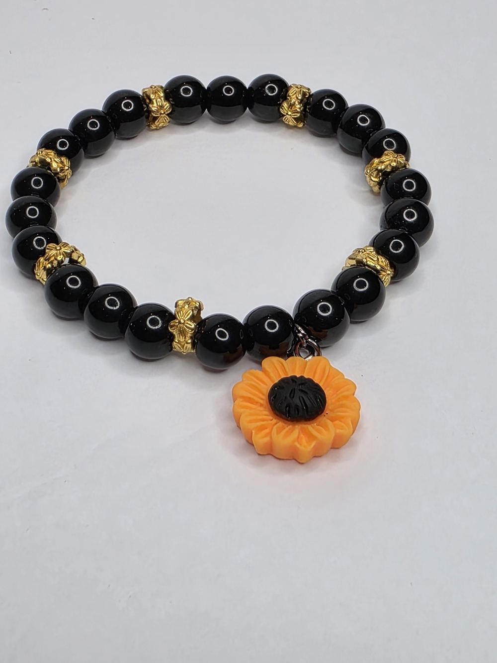 Black Obsidian Beaded Bracelet with Orange Sunflower Charm